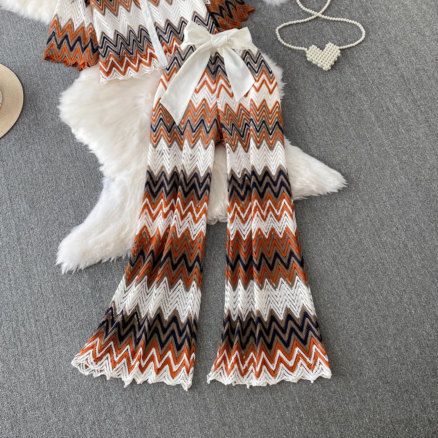 Retro Hollow out Wave Knit Set