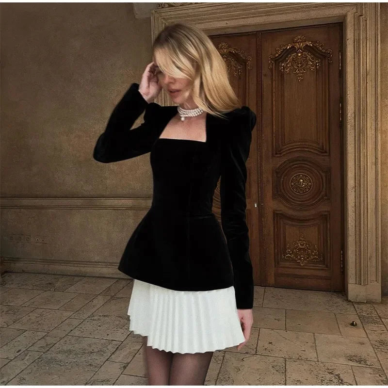 Pleated Velvet Black Fashion Mini Dress Elegant Square Neck Shoulder Contrasting Hem Midi Dresses Lady Evening Party Vestido