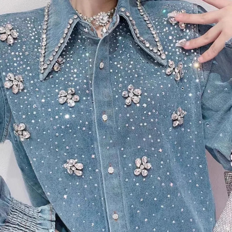 Chic Diamonds Beaded Denim shirt