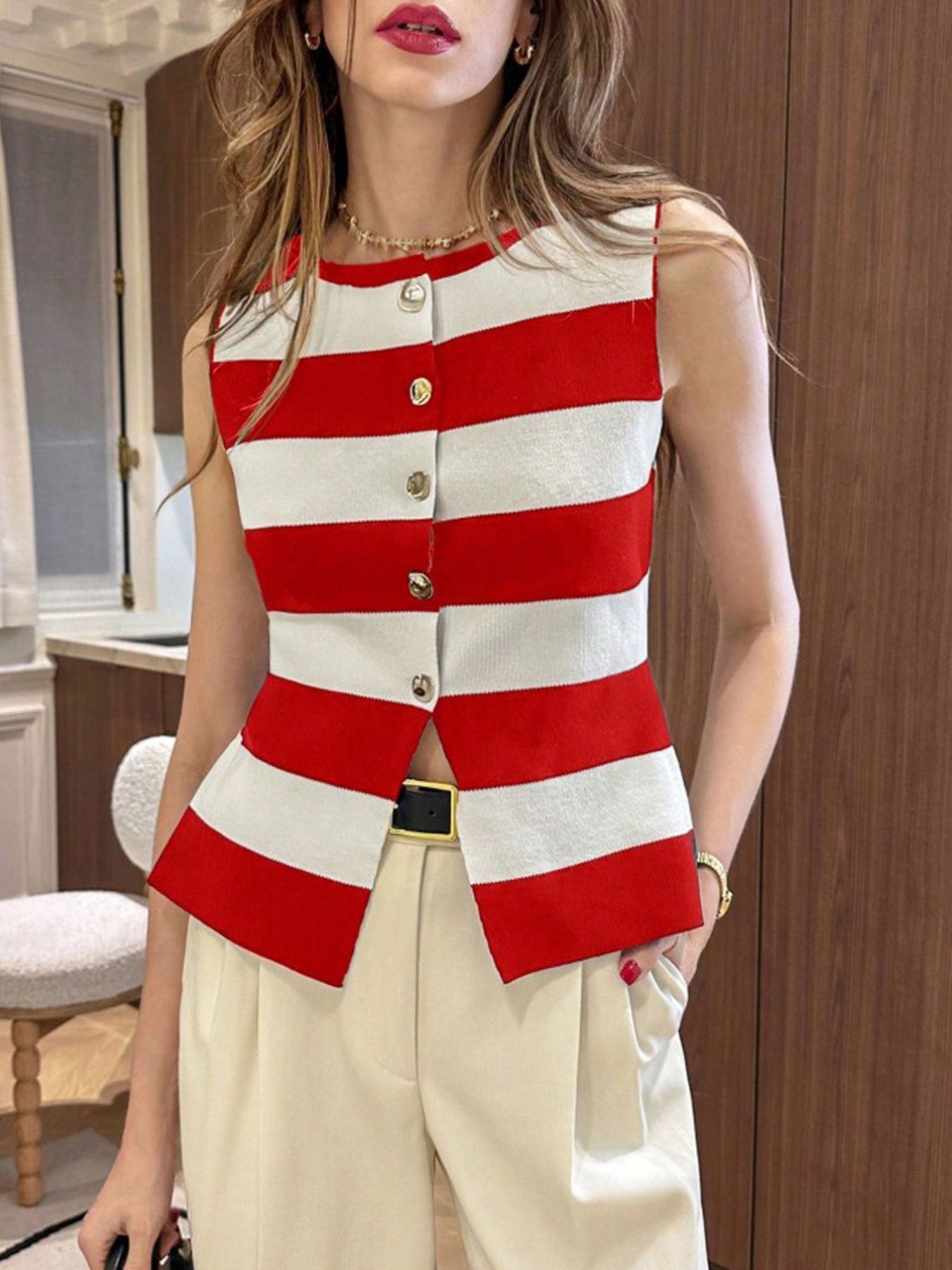 Striped Button-Up Vest Top