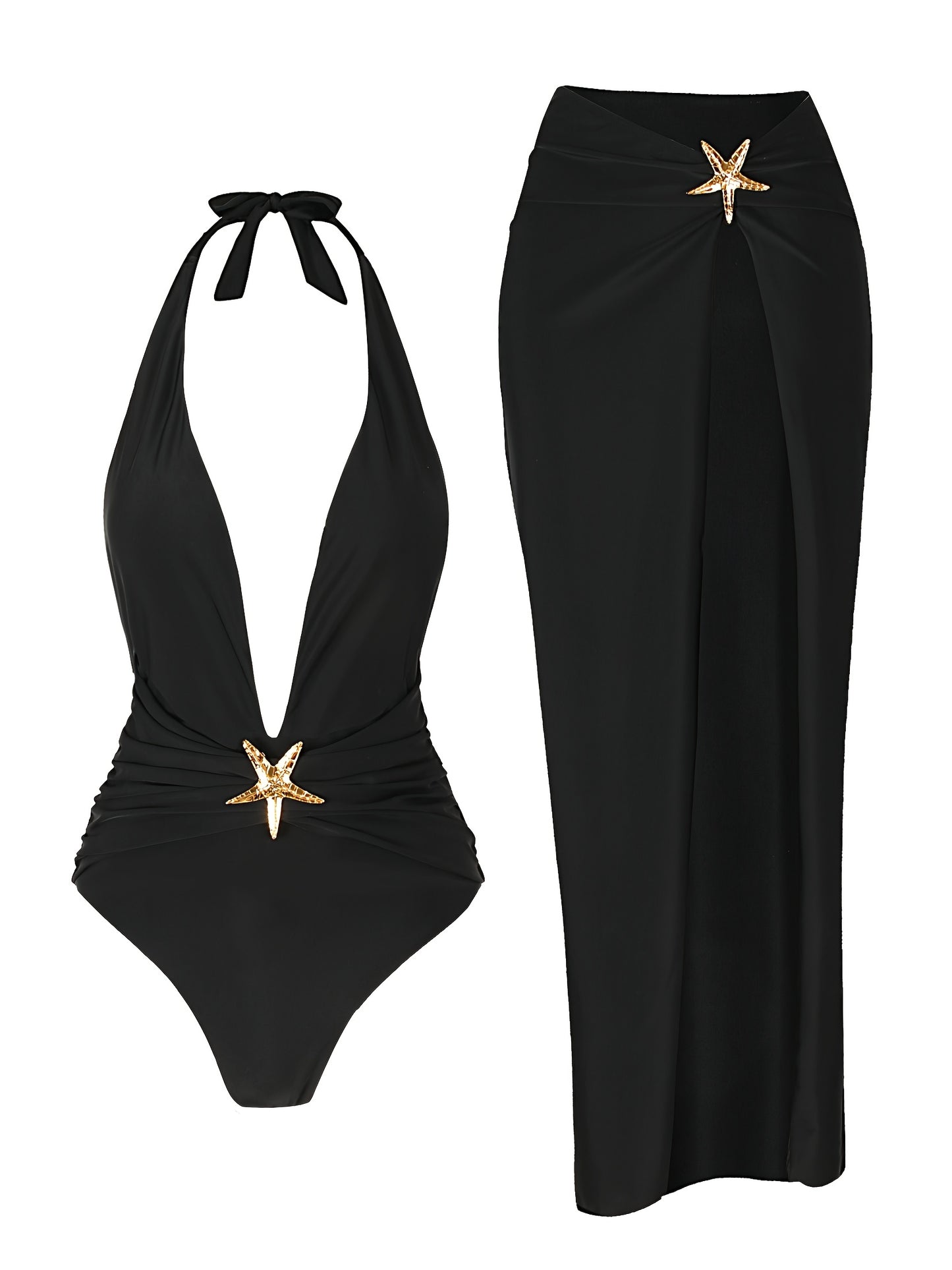 Starfish Halter Lace-Up One-Piece Swimsuit with High Slit Skirt