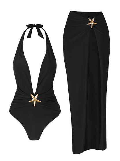Starfish Halter Lace-Up One-Piece Swimsuit with High Slit Skirt