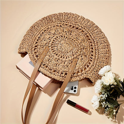 Round Embroidered Beach Straw Bag