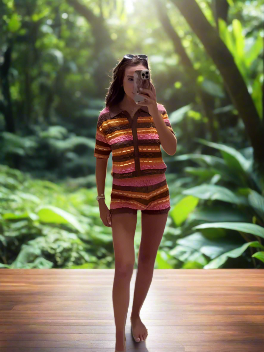 Knitting Stripe Shorts Set