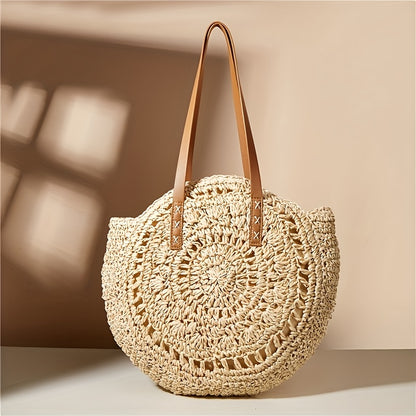 Round Embroidered Beach Straw Bag