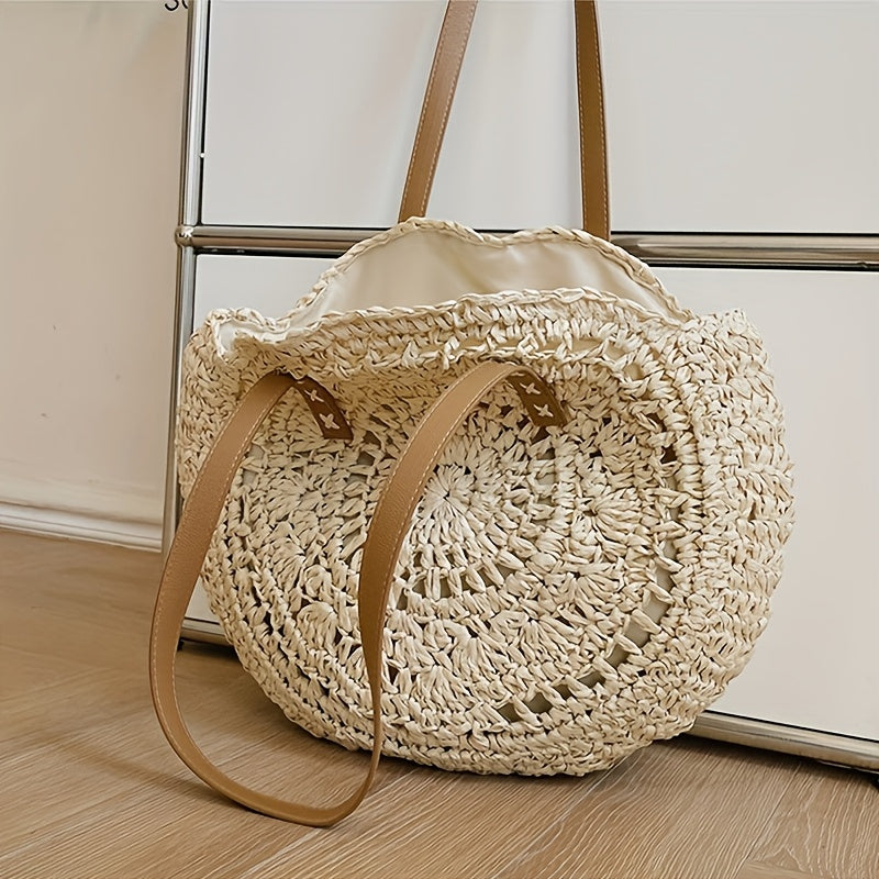 Round Embroidered Beach Straw Bag