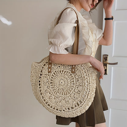 Round Embroidered Beach Straw Bag