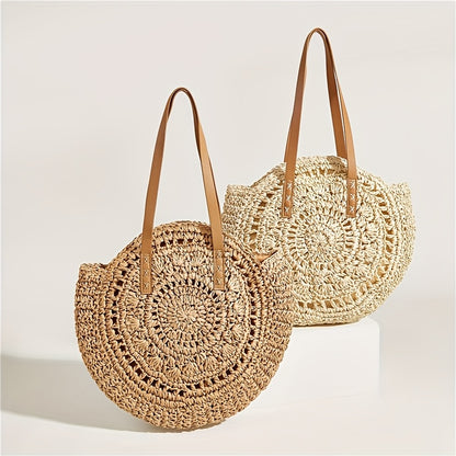 Round Embroidered Beach Straw Bag