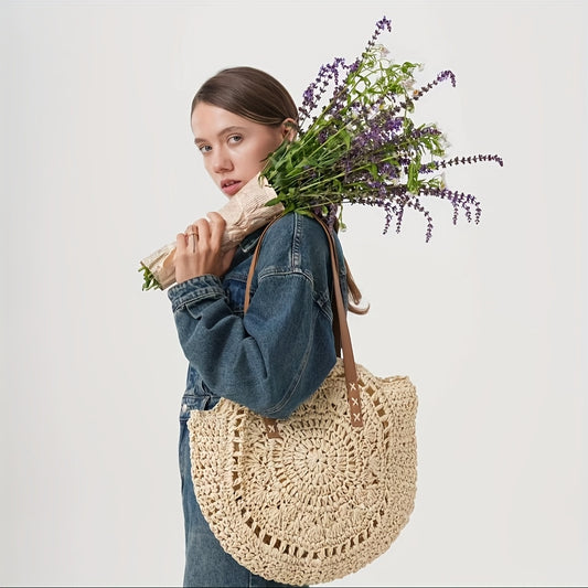 Round Embroidered Beach Straw Bag