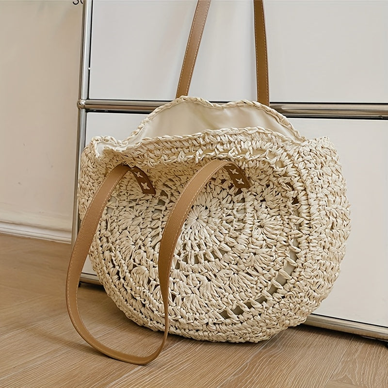 Round Embroidered Beach Straw Bag