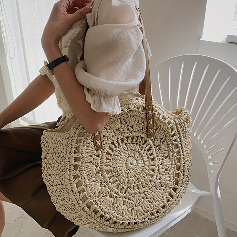 Round Embroidered Beach Straw Bag