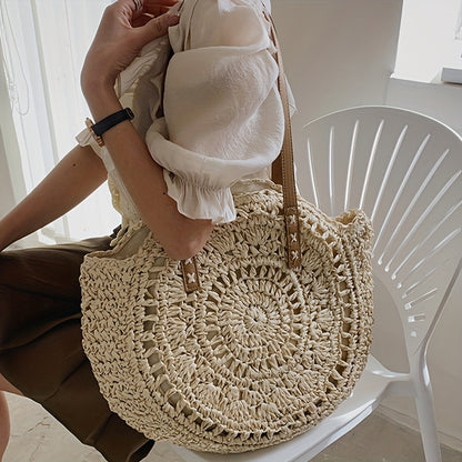 Round Embroidered Beach Straw Bag