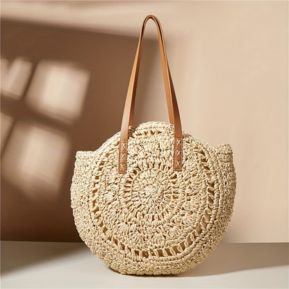 Round Embroidered Beach Straw Bag
