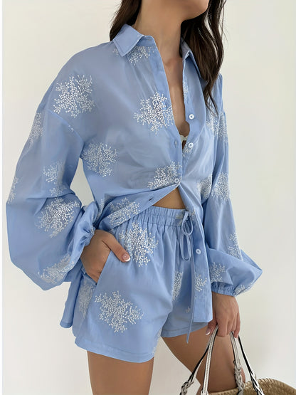 Women'S Elegant Floral Embroidered Blouse with Shorts Set - Light Blue Button-Up Shirt with Ruffled Sleeves and Tie Waist, Perfect for Spring/Summer, Casual Attire|Floral Print Top|Ruffled Sleeve Design