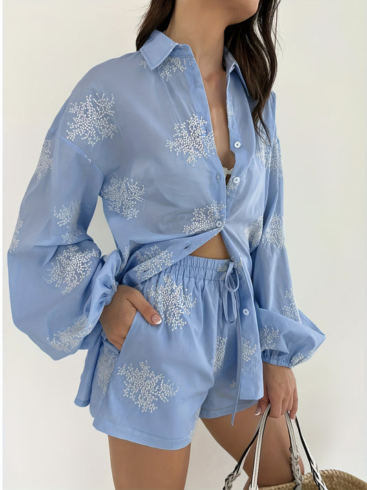 Women'S Elegant Floral Embroidered Blouse with Shorts Set - Light Blue Button-Up Shirt with Ruffled Sleeves and Tie Waist, Perfect for Spring/Summer, Casual Attire|Floral Print Top|Ruffled Sleeve Design
