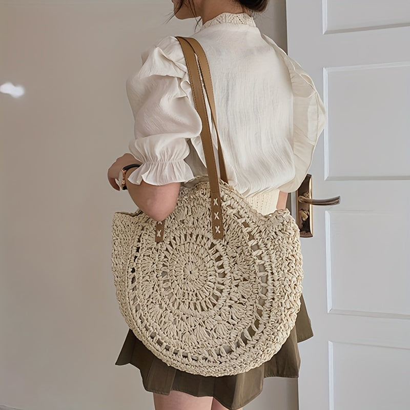 Round Embroidered Beach Straw Bag