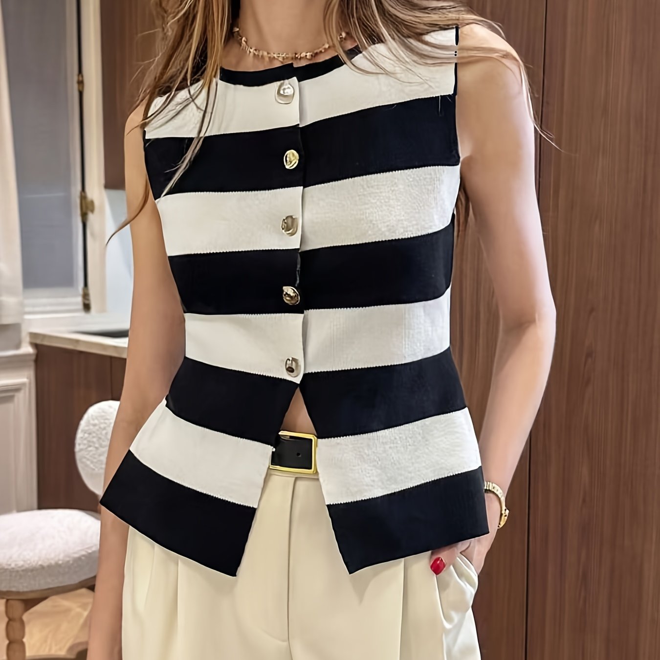 Striped Button-Up Vest Top