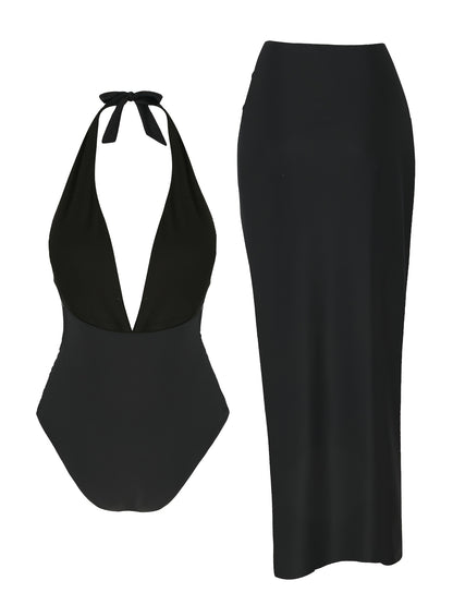 Starfish Halter Lace-Up One-Piece Swimsuit with High Slit Skirt