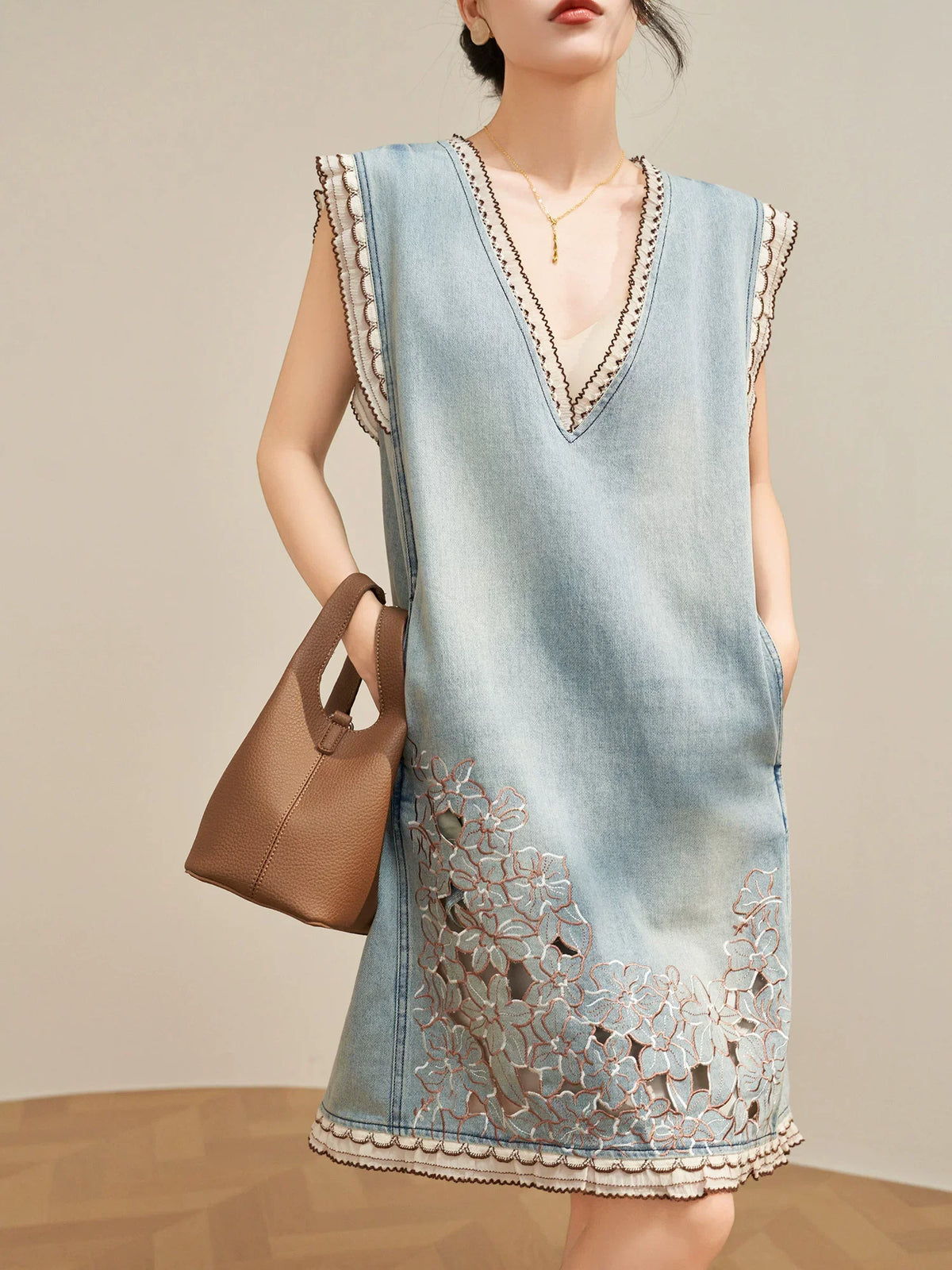 Women’s Blue Denim Mini Vest Dress, Petite Sleeveless Summer Dress with Floral Embroidery, Cutout Design and Ruffle Hem