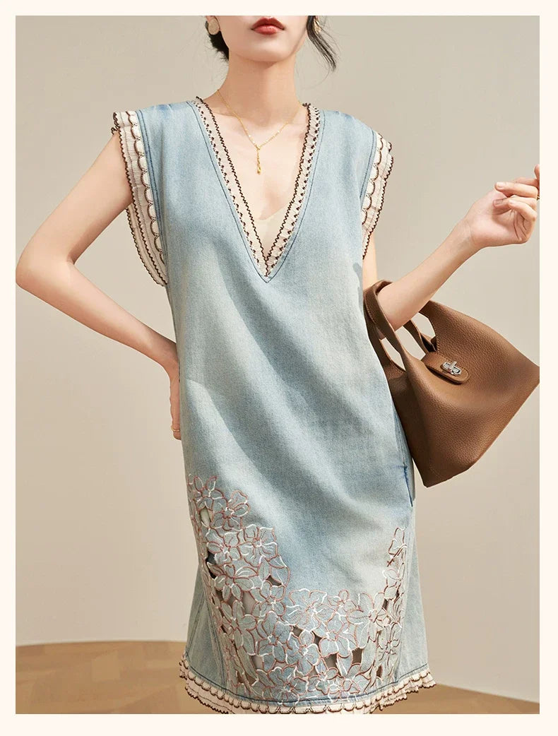 Women’s Blue Denim Mini Vest Dress, Petite Sleeveless Summer Dress with Floral Embroidery, Cutout Design and Ruffle Hem