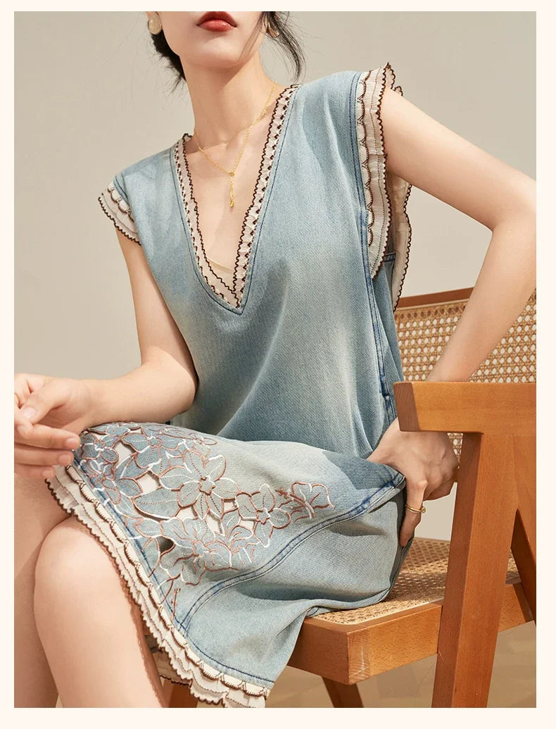 Women’s Blue Denim Mini Vest Dress, Petite Sleeveless Summer Dress with Floral Embroidery, Cutout Design and Ruffle Hem