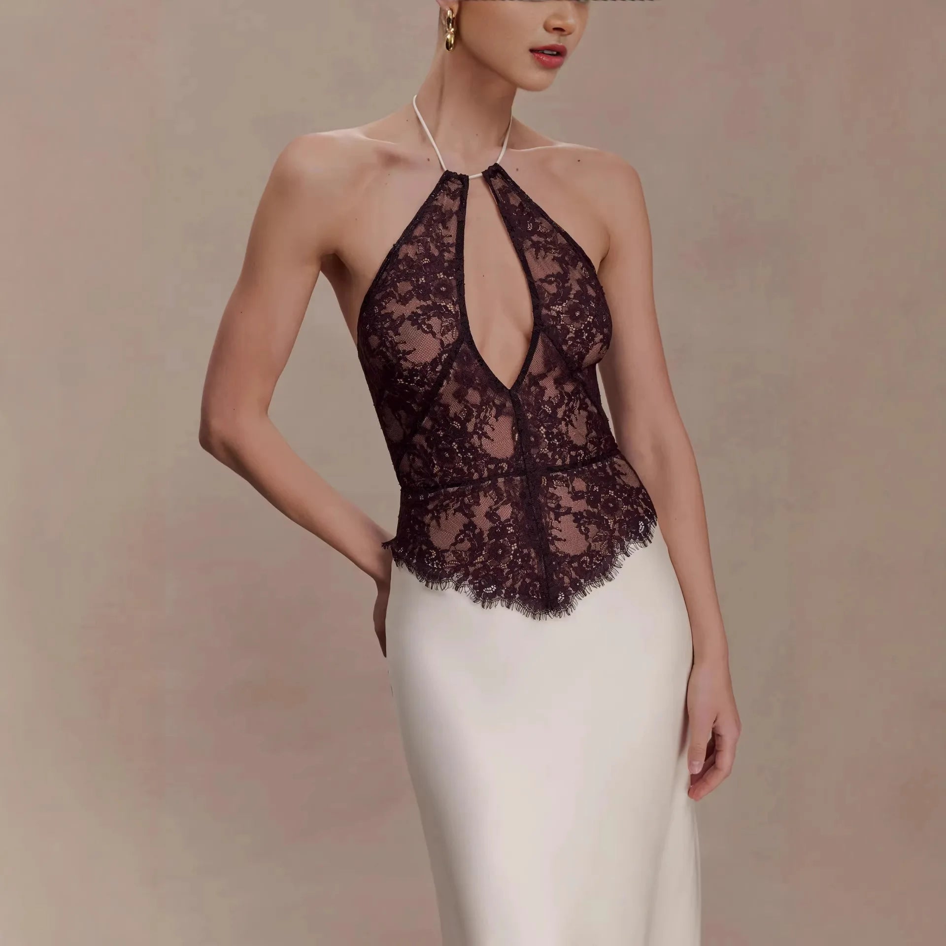 CHNMR Elegant Lace Hollow Out Halter Long Dress Women Sexy Patchwork Backless Female Maxi Dresses Summer Lady Evening Party Gown