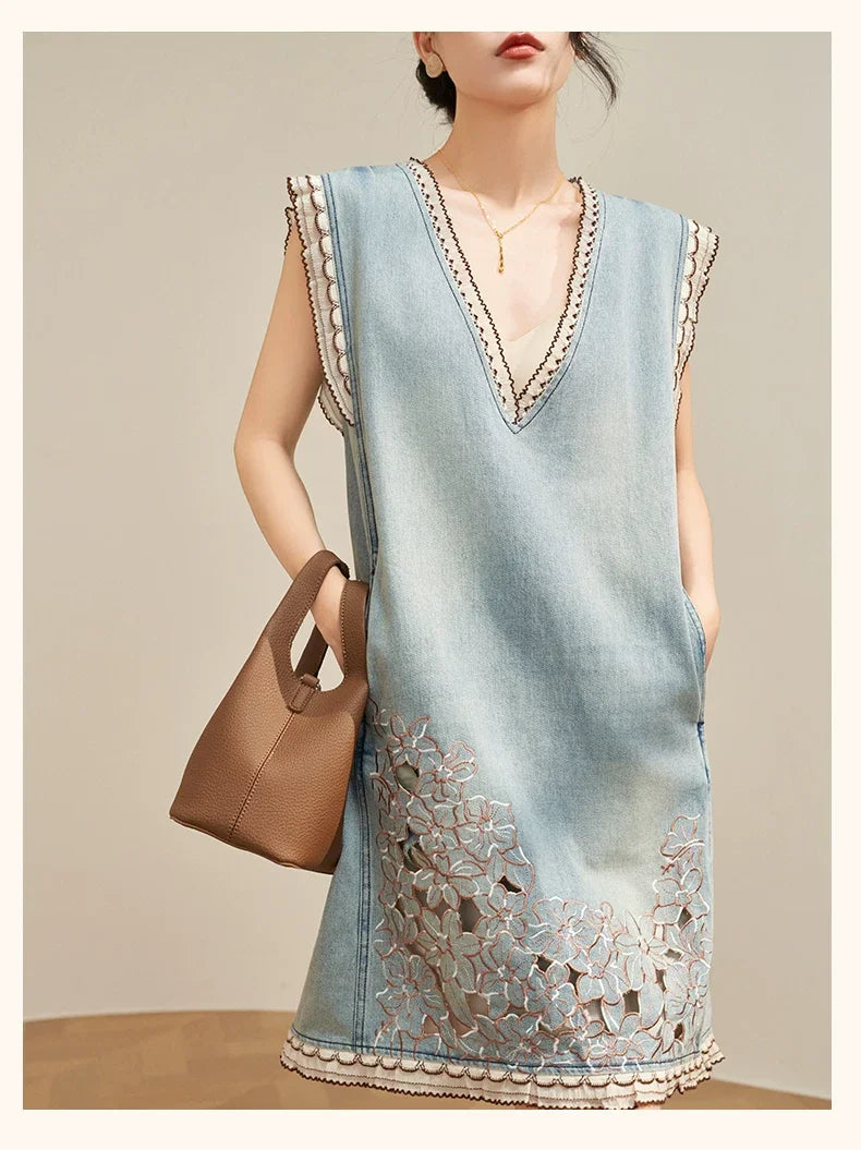 Women’s Blue Denim Mini Vest Dress, Petite Sleeveless Summer Dress with Floral Embroidery, Cutout Design and Ruffle Hem