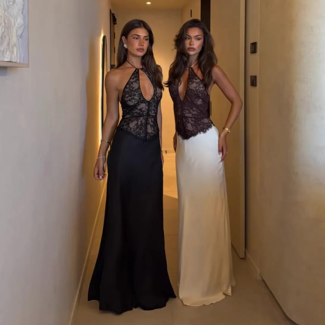 CHNMR Elegant Lace Hollow Out Halter Long Dress Women Sexy Patchwork Backless Female Maxi Dresses Summer Lady Evening Party Gown