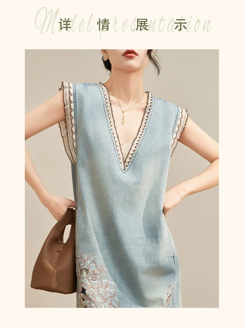 Women’s Blue Denim Mini Vest Dress, Petite Sleeveless Summer Dress with Floral Embroidery, Cutout Design and Ruffle Hem