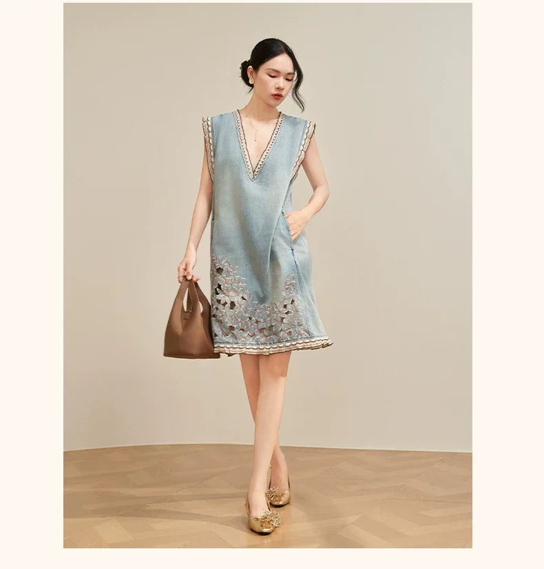 Women’s Blue Denim Mini Vest Dress, Petite Sleeveless Summer Dress with Floral Embroidery, Cutout Design and Ruffle Hem