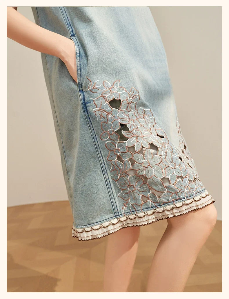Women’s Blue Denim Mini Vest Dress, Petite Sleeveless Summer Dress with Floral Embroidery, Cutout Design and Ruffle Hem