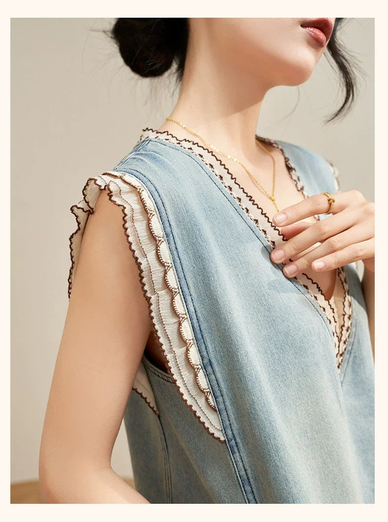 Women’s Blue Denim Mini Vest Dress, Petite Sleeveless Summer Dress with Floral Embroidery, Cutout Design and Ruffle Hem