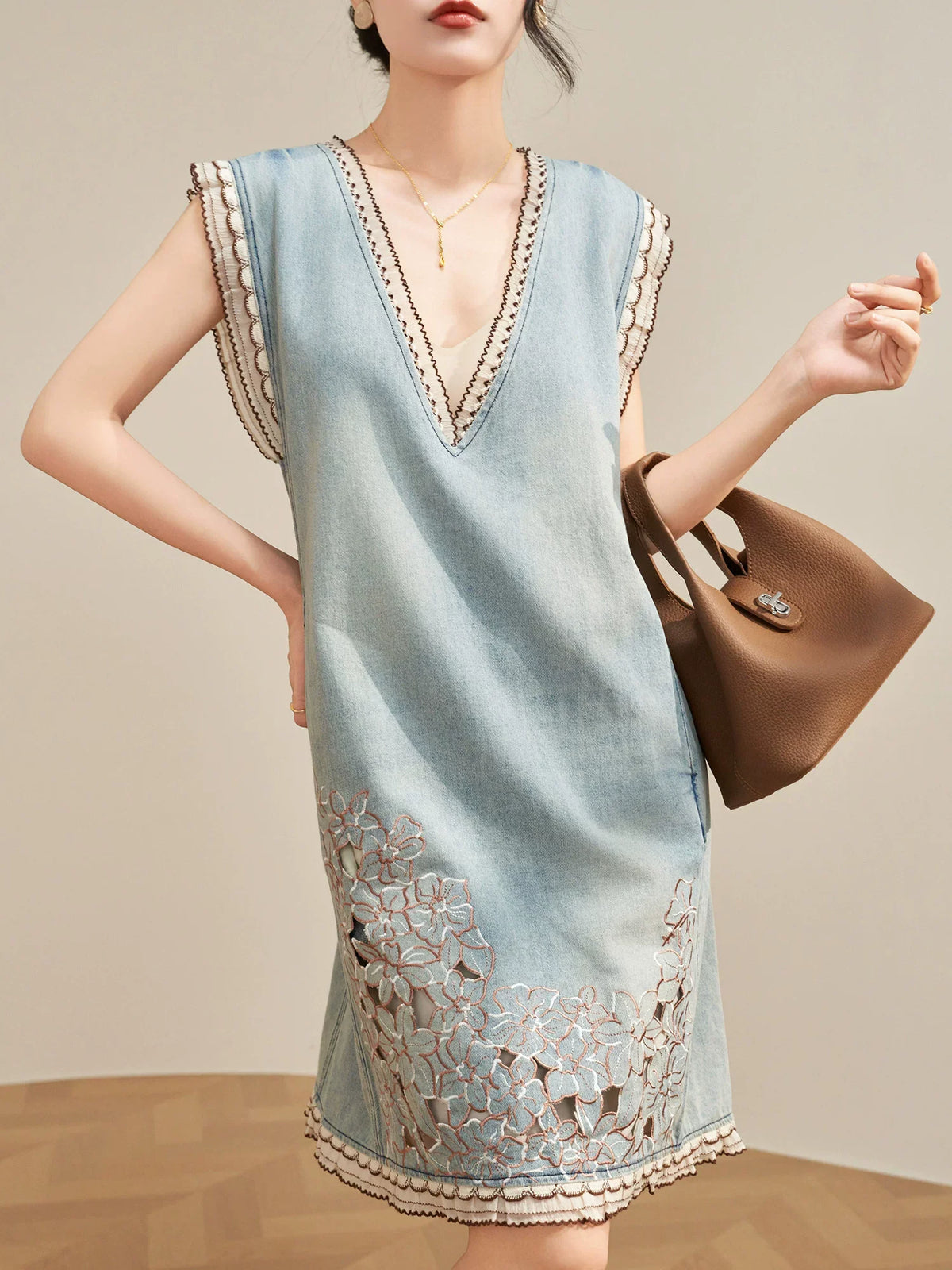 Women’s Blue Denim Mini Vest Dress, Petite Sleeveless Summer Dress with Floral Embroidery, Cutout Design and Ruffle Hem