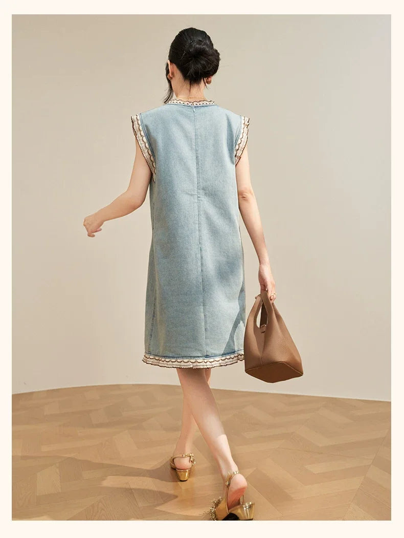 Women’s Blue Denim Mini Vest Dress, Petite Sleeveless Summer Dress with Floral Embroidery, Cutout Design and Ruffle Hem