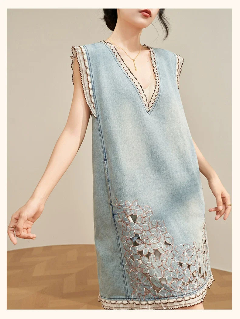 Women’s Blue Denim Mini Vest Dress, Petite Sleeveless Summer Dress with Floral Embroidery, Cutout Design and Ruffle Hem