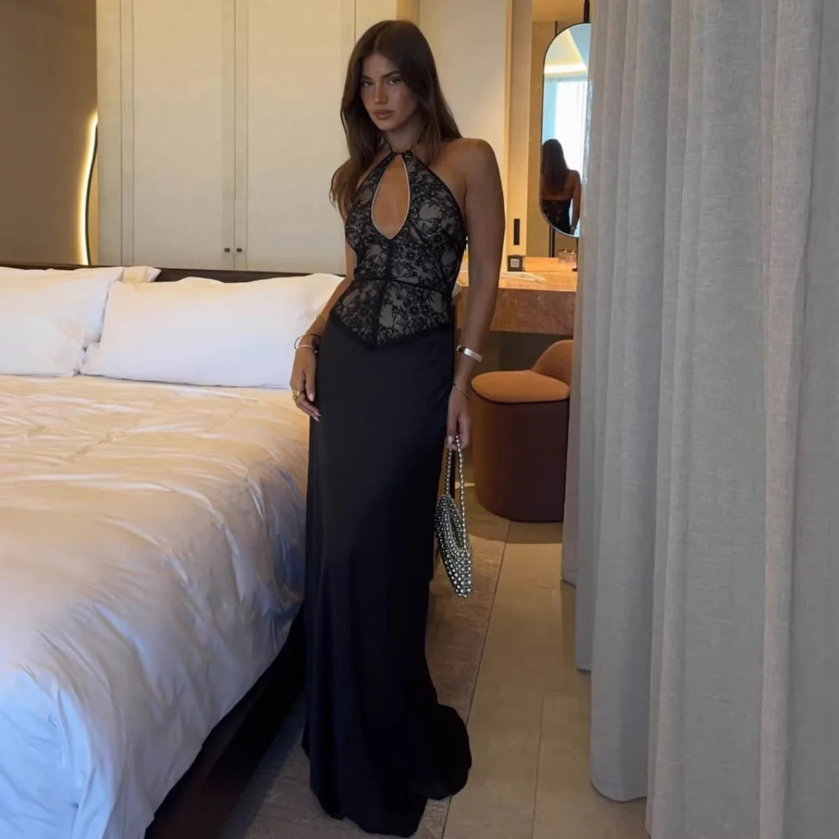 CHNMR Elegant Lace Hollow Out Halter Long Dress Women Sexy Patchwork Backless Female Maxi Dresses Summer Lady Evening Party Gown
