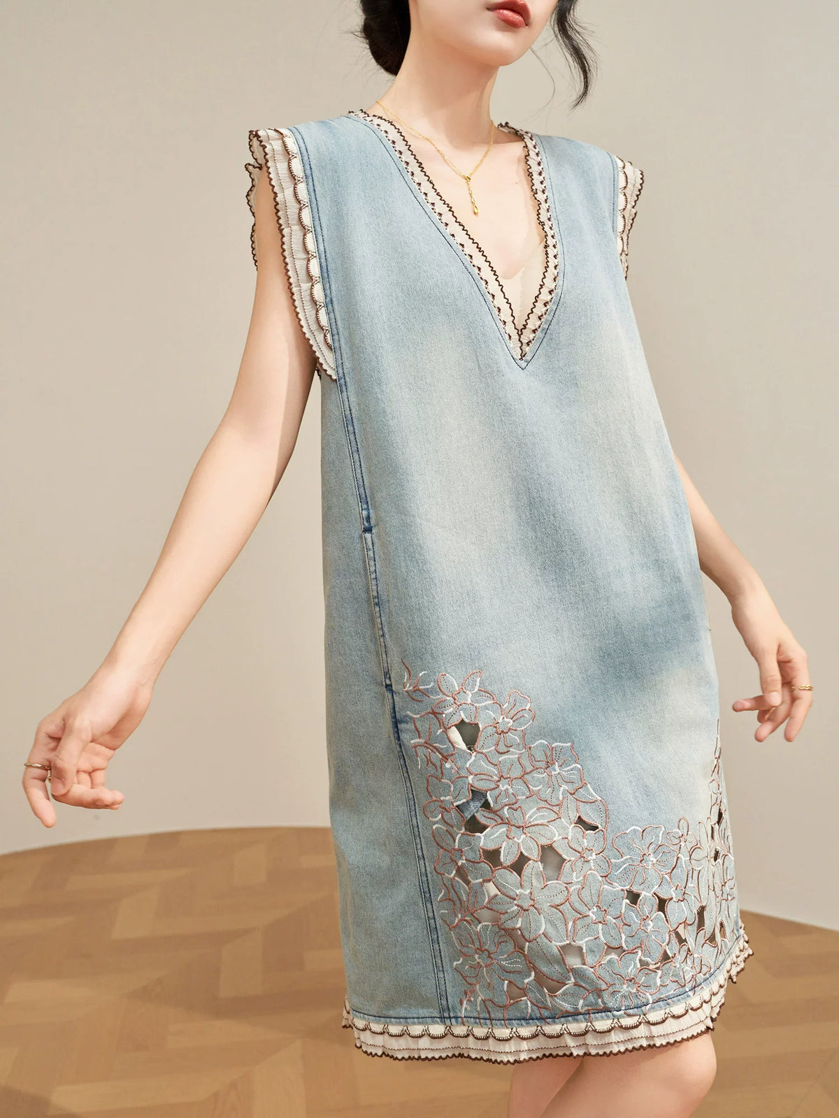 Women’s Blue Denim Mini Vest Dress, Petite Sleeveless Summer Dress with Floral Embroidery, Cutout Design and Ruffle Hem