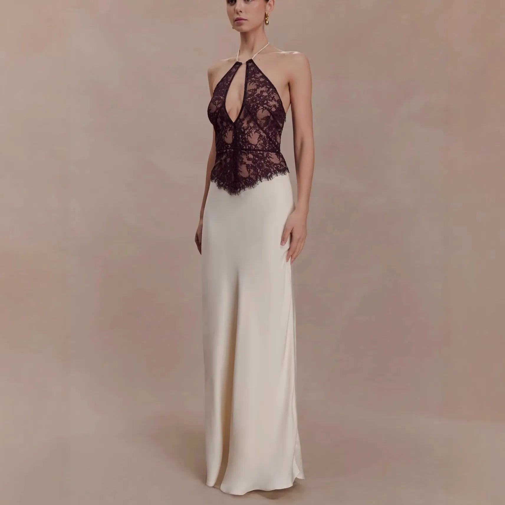 CHNMR Elegant Lace Hollow Out Halter Long Dress Women Sexy Patchwork Backless Female Maxi Dresses Summer Lady Evening Party Gown