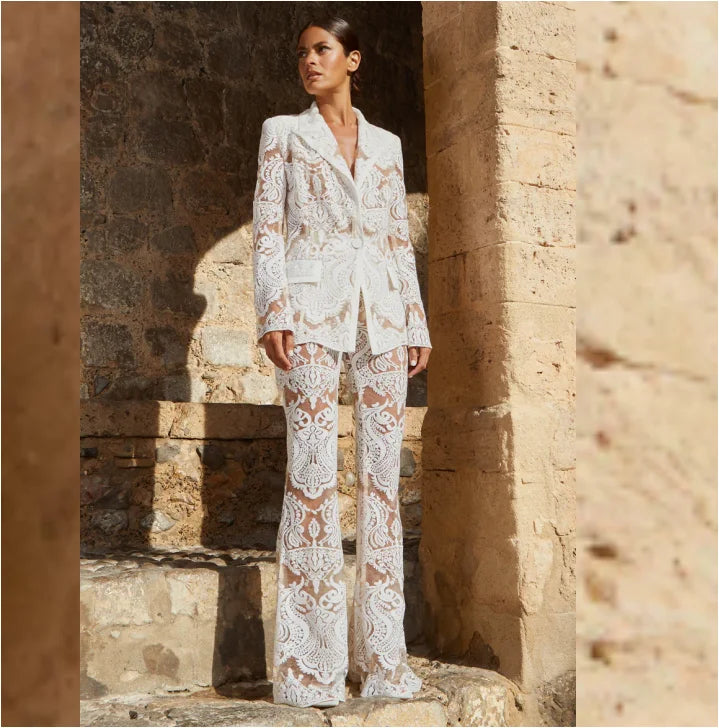 Autumn and Winter Elegant Ladies White Lace Sequin Tuxedo Suit and Pants Sets Women Blazer Set