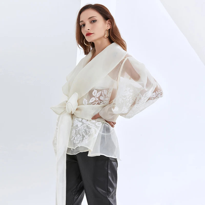 Embroidered Lapel Blouse