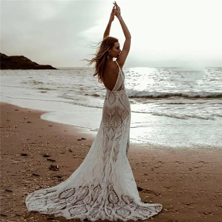 Backless Lace Embroidery Wedding Bridal Dress - Shellss