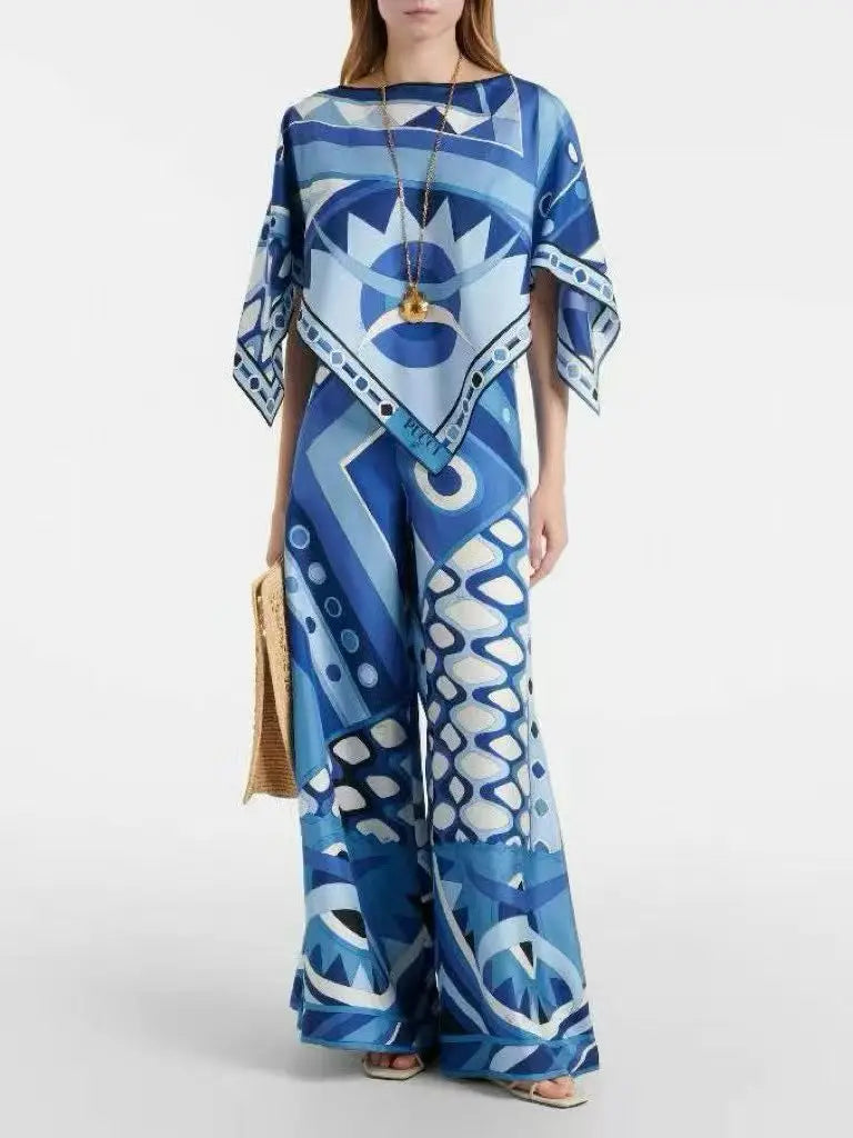Pucci Top Ruffled Sleeves Wide Leg Flared Trousers Set