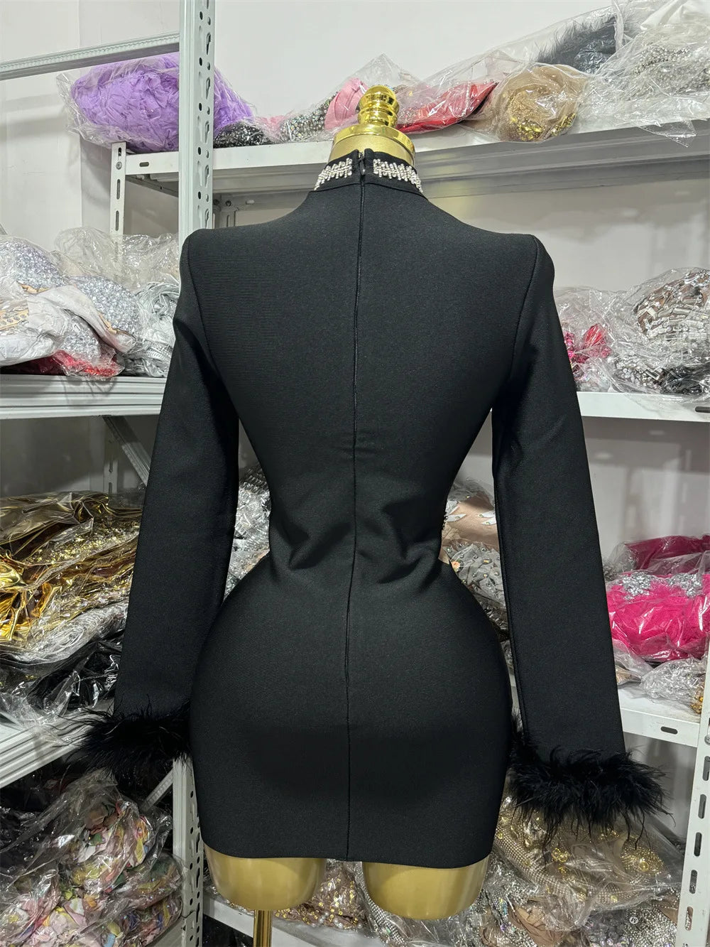 Black High Neck Dress Rhinestone Party