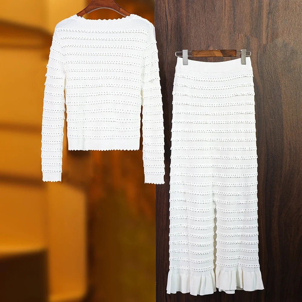 AIMEISI Fashion Rhinestone Long-sleeved Top Ruffles Skirt Set Casual 2 Piece Set Elegant Women Sets