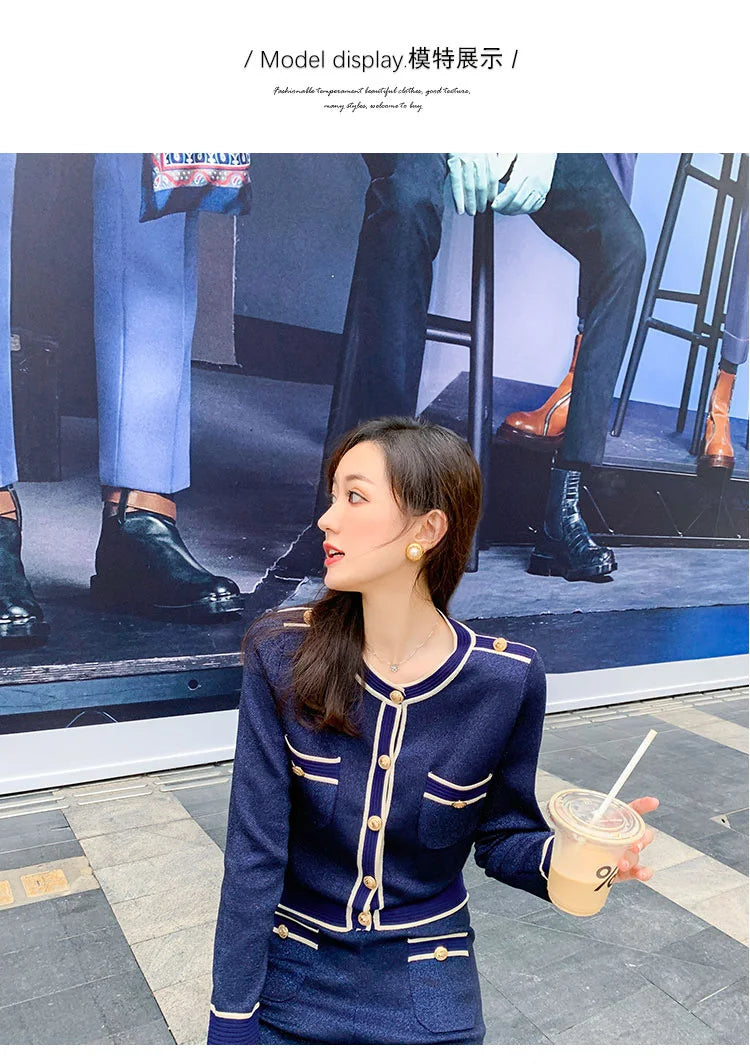 Luxury Elegant Trousers Suit Knitted Bright Cardigan set