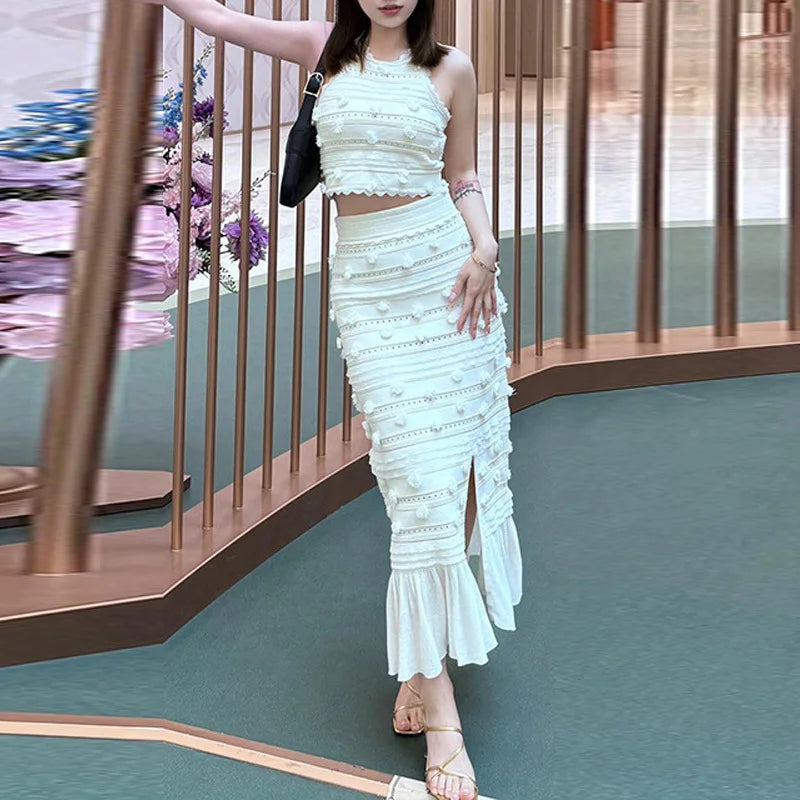 Going Out Matching Modest Fashion Pompom Embroidery Sleeveless Crop Top and Ruffles Slit 2 Piece Pencil Skirts Set for Women