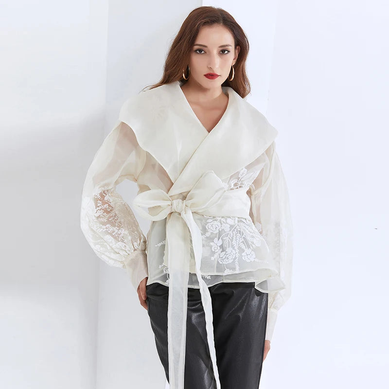 Embroidered Lapel Blouse