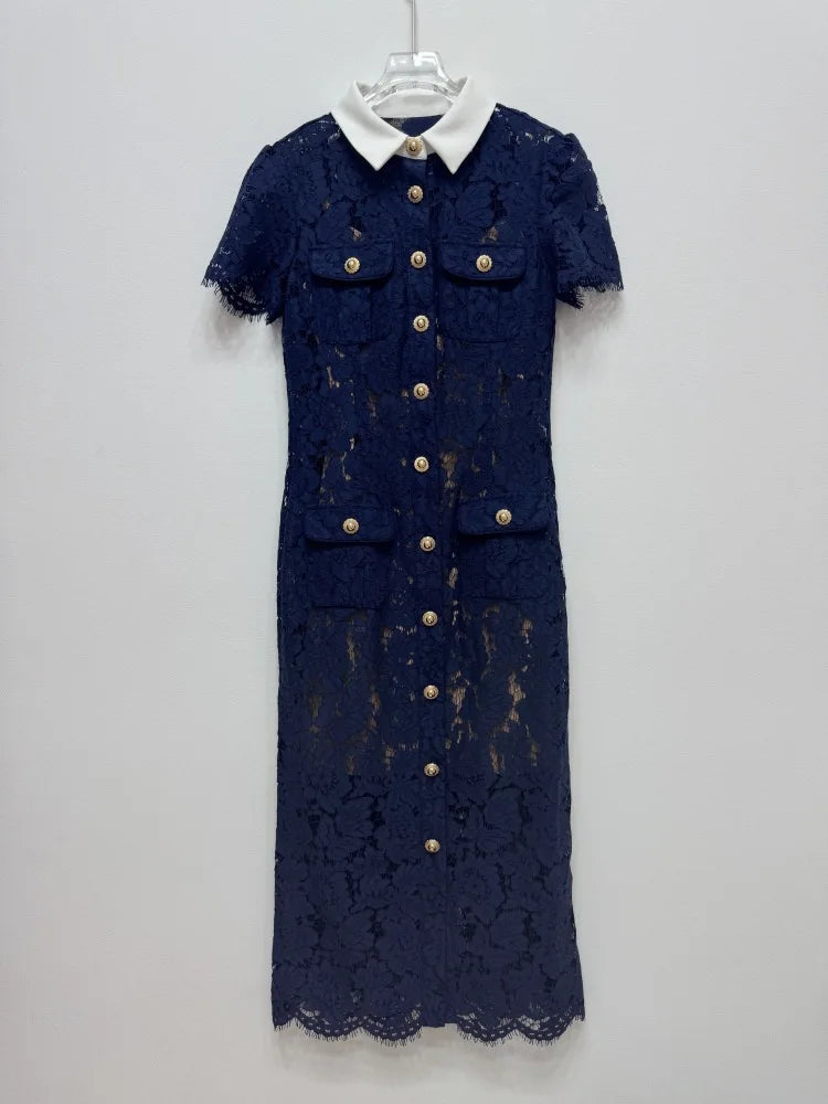 Womens Lace Mid-calf Dresses Hollow Out Turndown Collar Elegant Short Sleeve Single Breasted Casual Dress
