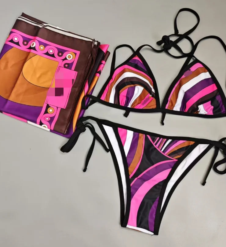 New STOCK Fashion 4 Pieces Swimwear With Headband Big Beach Scarfs Sexy Women Designer Bikini Set