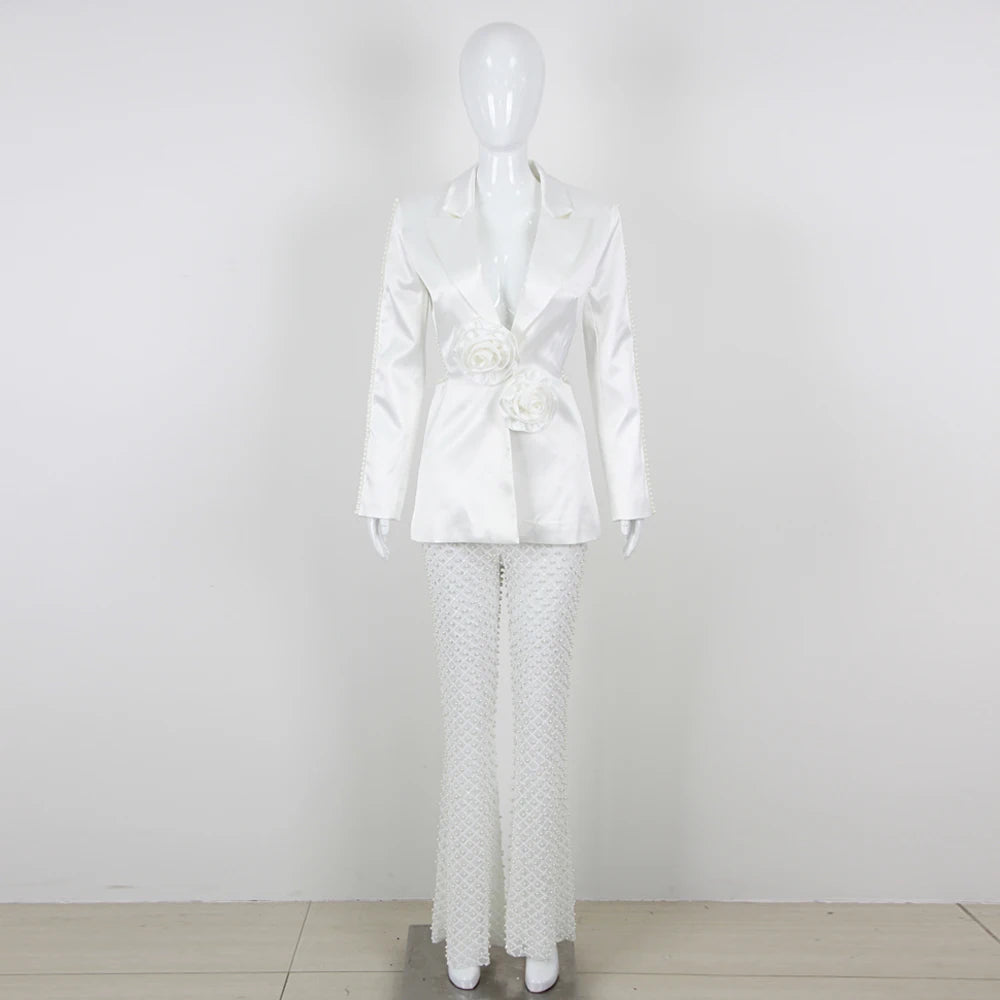 Heavy Work Lady Suits 3D Flower Cut-out Blazer Sequin Beading Tuxedo and Trouser Women Suit Set